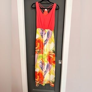 Coral coloured + floral Maxi dress